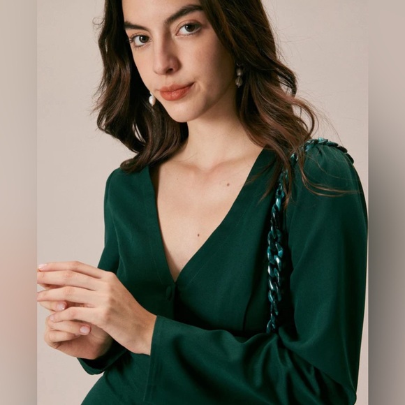 NWT RIHOAS The Green V Neck Button Shirt Mini Dress - Picture 2 of 8